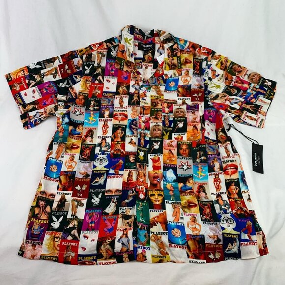 Retro PlayBoy Face All Over Print Magazine Cover Collage Button Up Shirt Small - Picture 1 of 4